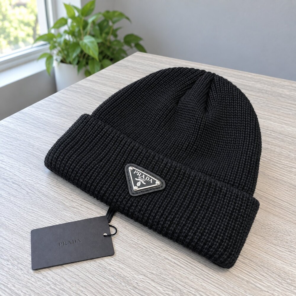 Prada Black Ribbed Triangle Logo Beanie - Picture 4 of 6
